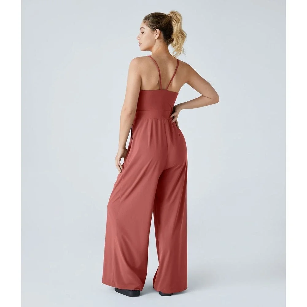 Backless Side Invisible Zipper Pocket Wide Leg Quick Dry Resort Slip Jumpsuit - Picture 3 of 5